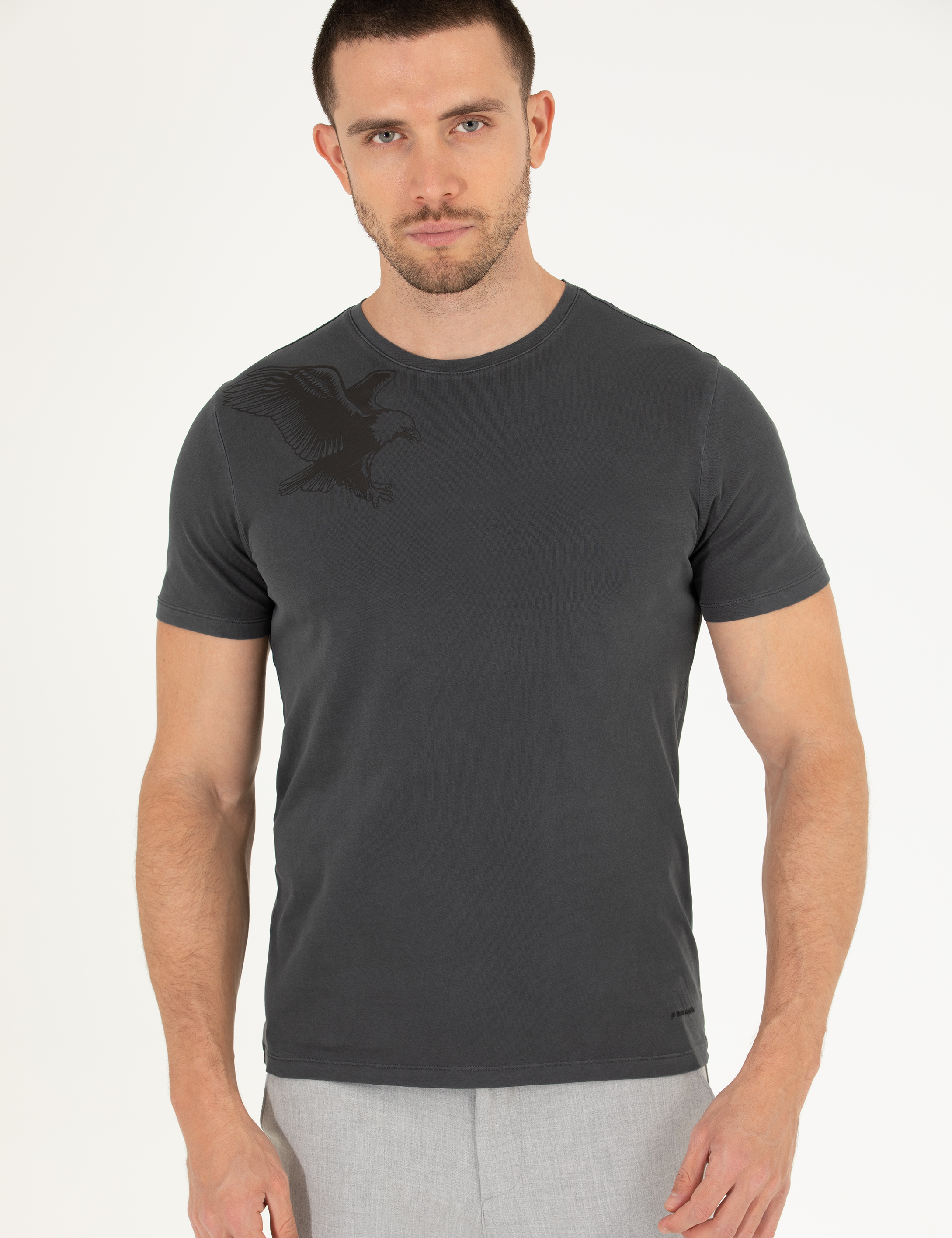 Siyah Slim Fit Kartal Baskılı Bisiklet Yaka Tişört