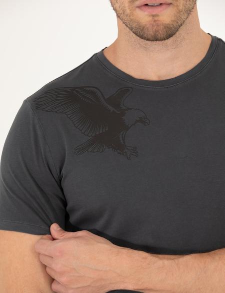 Siyah Slim Fit Kartal Baskılı Bisiklet Yaka Tişört - 50262614025