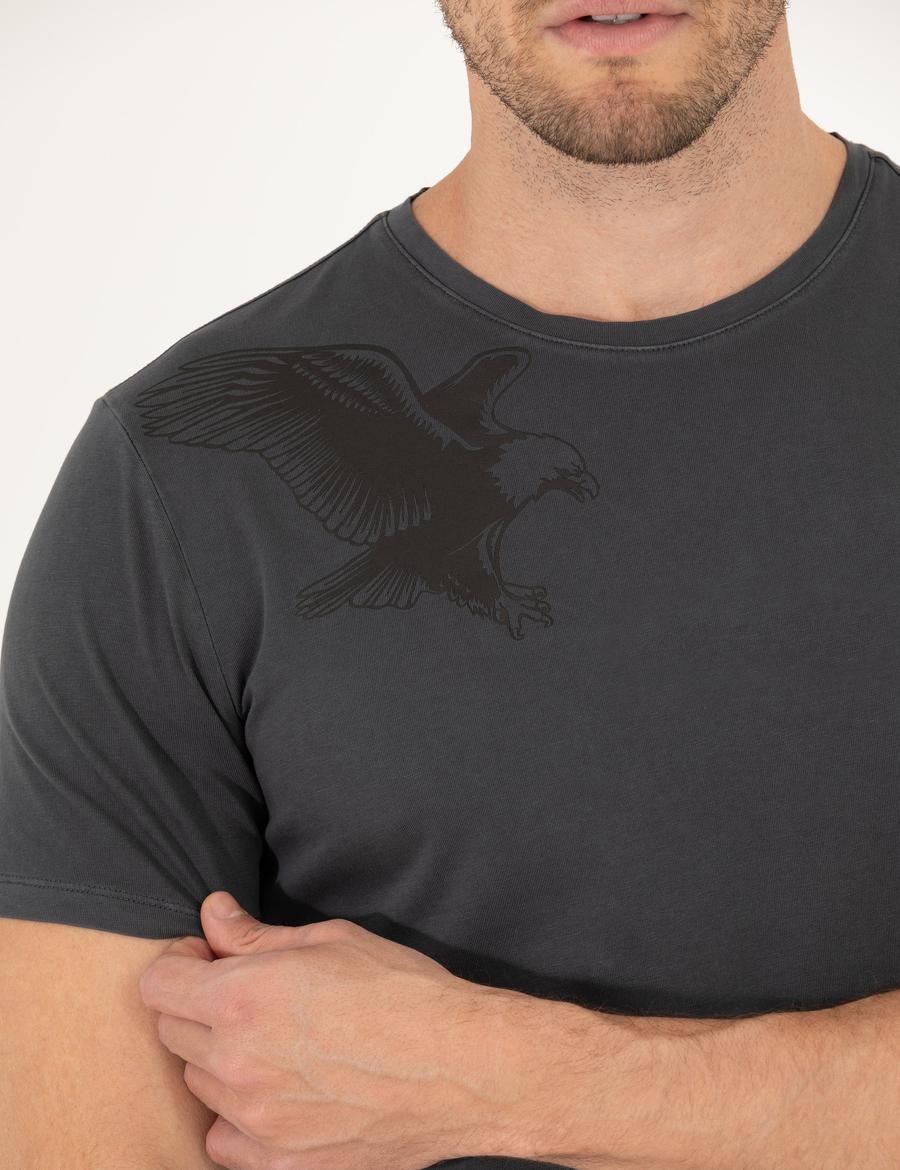 Siyah Slim Fit Kartal Baskılı Bisiklet Yaka Tişört