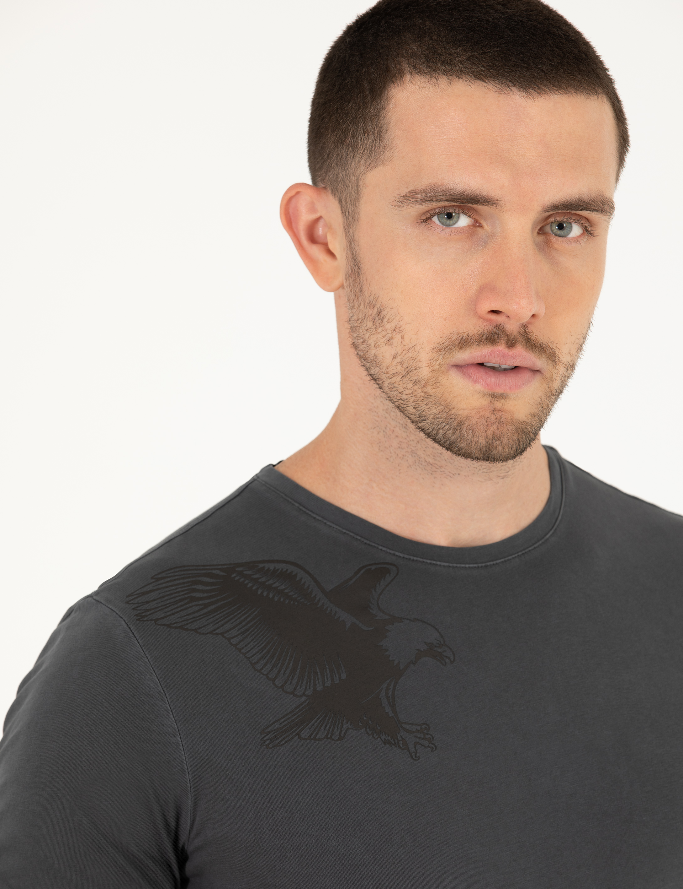 Siyah Slim Fit Kartal Baskılı Bisiklet Yaka Tişört