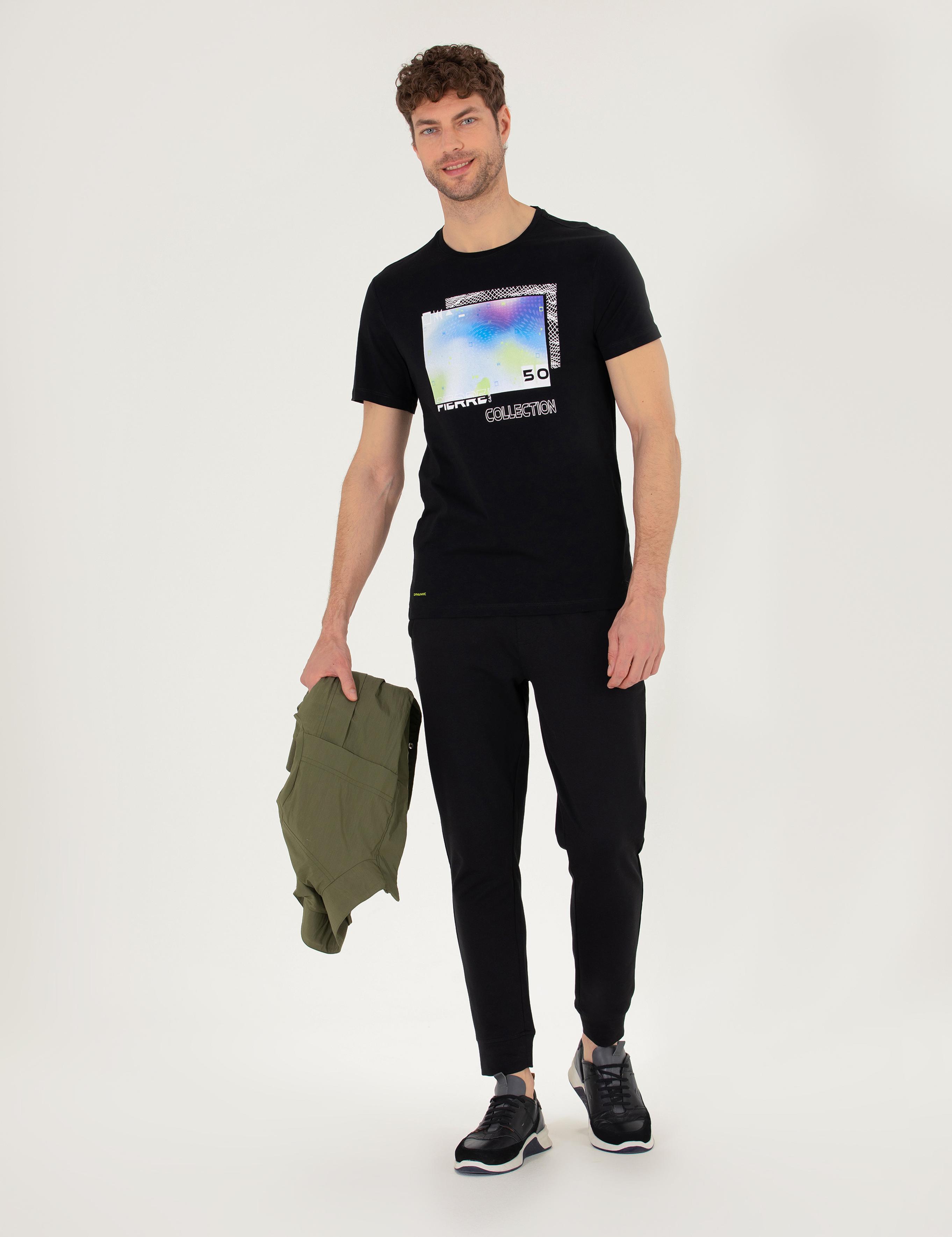 Siyah Slim Fit Baskılı Bisiklet Yaka Tişört