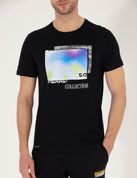 Siyah Slim Fit Baskılı Bisiklet Yaka Tişört - 50262654025