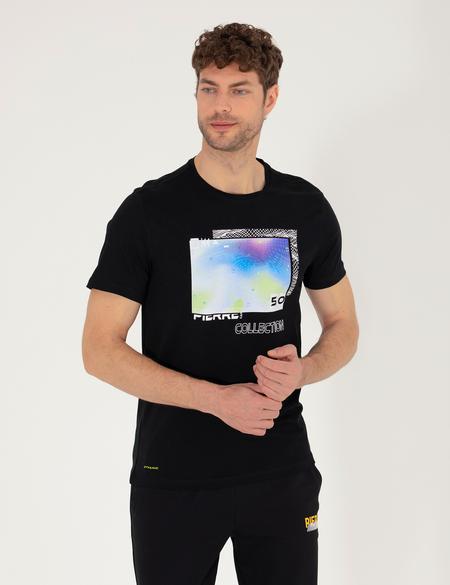 Siyah Slim Fit Baskılı Bisiklet Yaka Tişört - 50262654025