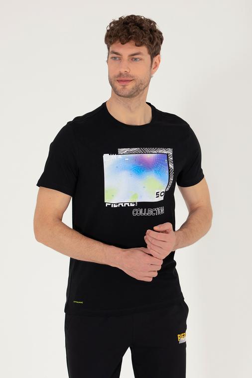 Siyah Slim Fit Baskılı Bisiklet Yaka Tişört