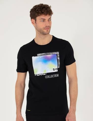 Siyah Slim Fit Baskılı Bisiklet Yaka Tişört
