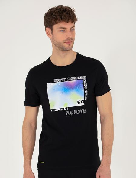 Siyah Slim Fit Baskılı Bisiklet Yaka Tişört - 50262654025