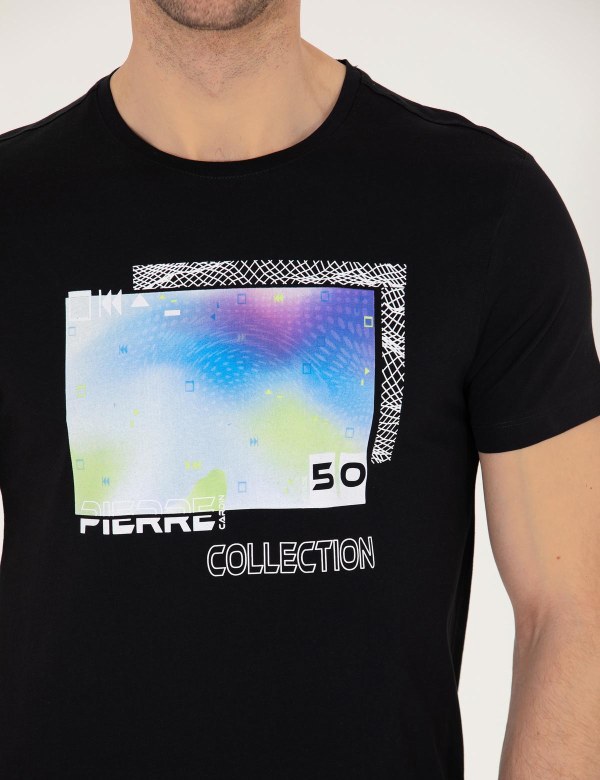 Siyah Slim Fit Baskılı Bisiklet Yaka Tişört - 50262654025