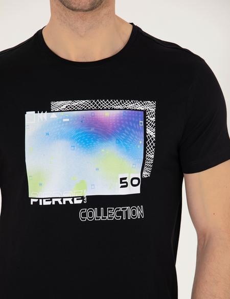 Siyah Slim Fit Baskılı Bisiklet Yaka Tişört - 50262654025