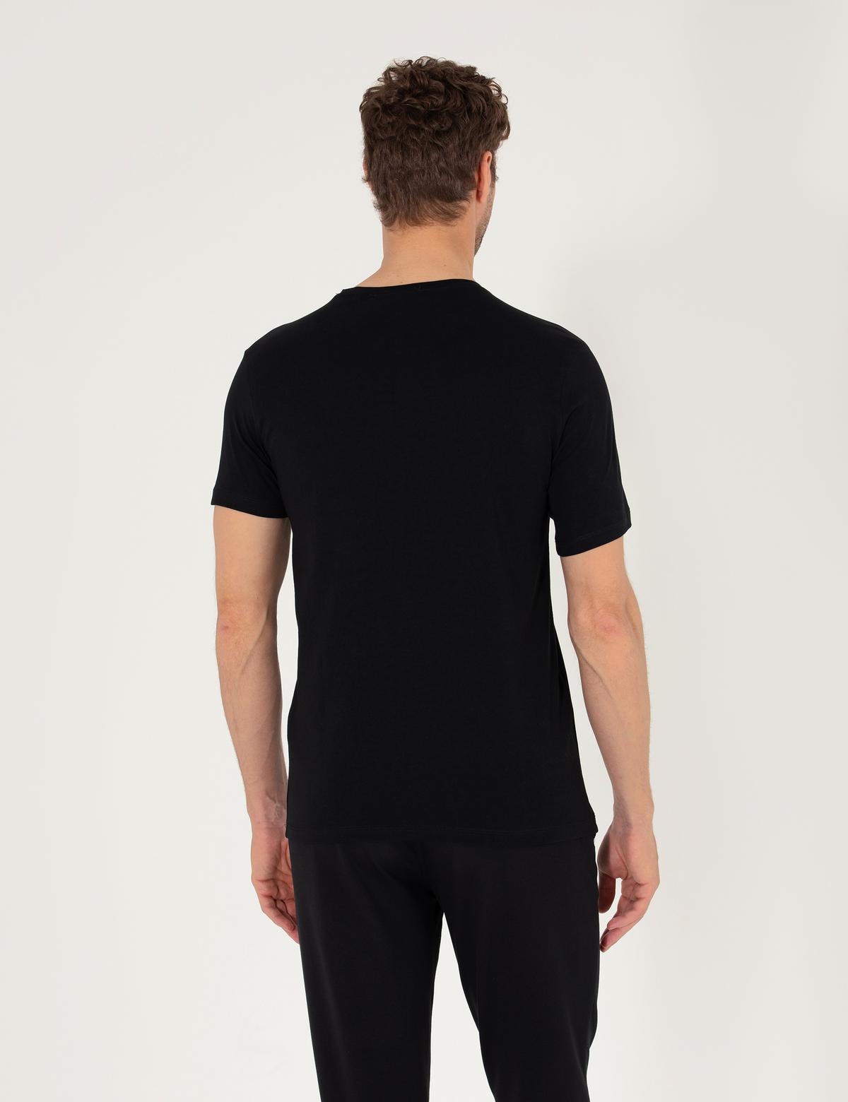 Siyah Slim Fit Baskılı Bisiklet Yaka Tişört - 50262654025