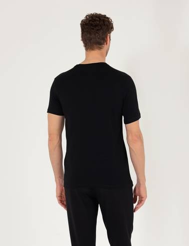 Siyah Slim Fit Baskılı Bisiklet Yaka Tişört