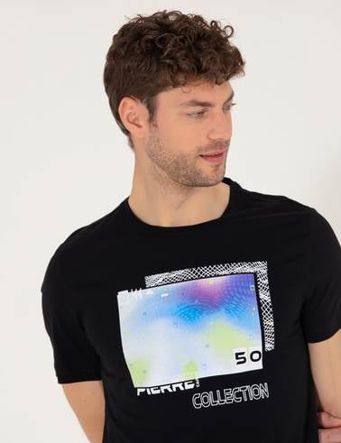 Siyah Slim Fit Baskılı Bisiklet Yaka Tişört