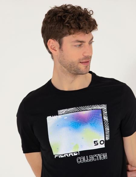 Siyah Slim Fit Baskılı Bisiklet Yaka Tişört - 50262654025