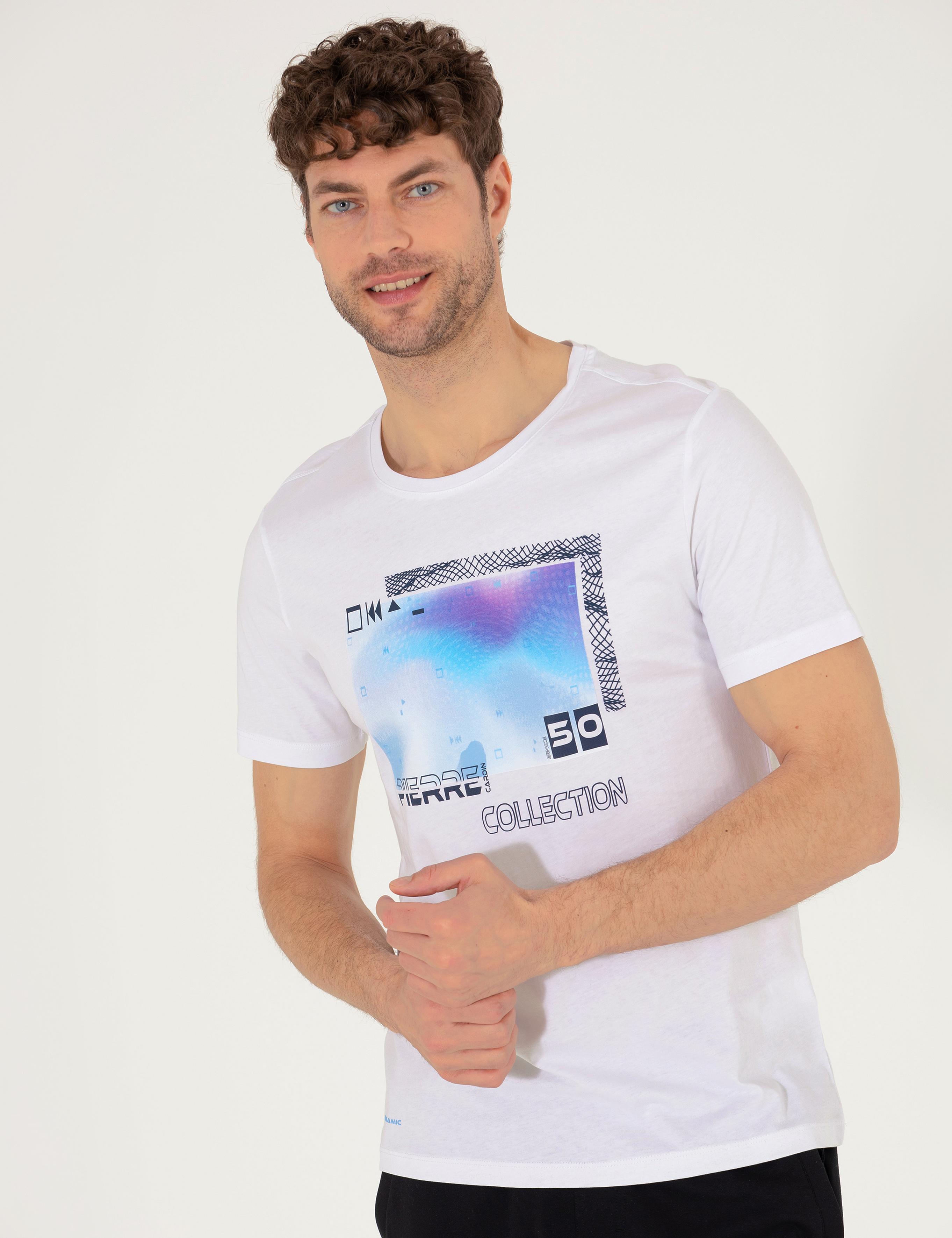 Beyaz Slim Fit Baskılı Bisiklet Yaka Tişört