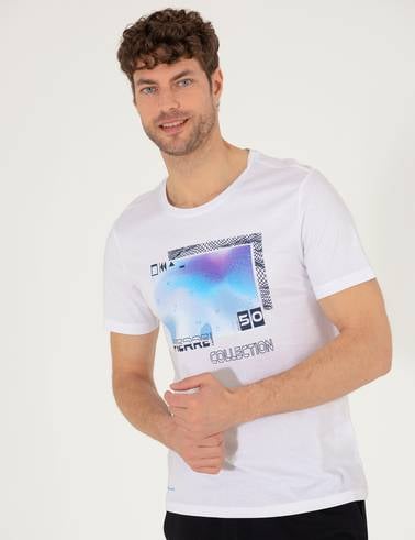Beyaz Slim Fit Baskılı Bisiklet Yaka Tişört