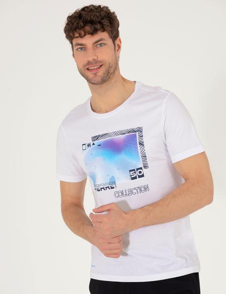 Beyaz Slim Fit Baskılı Bisiklet Yaka Tişört - 50262654038