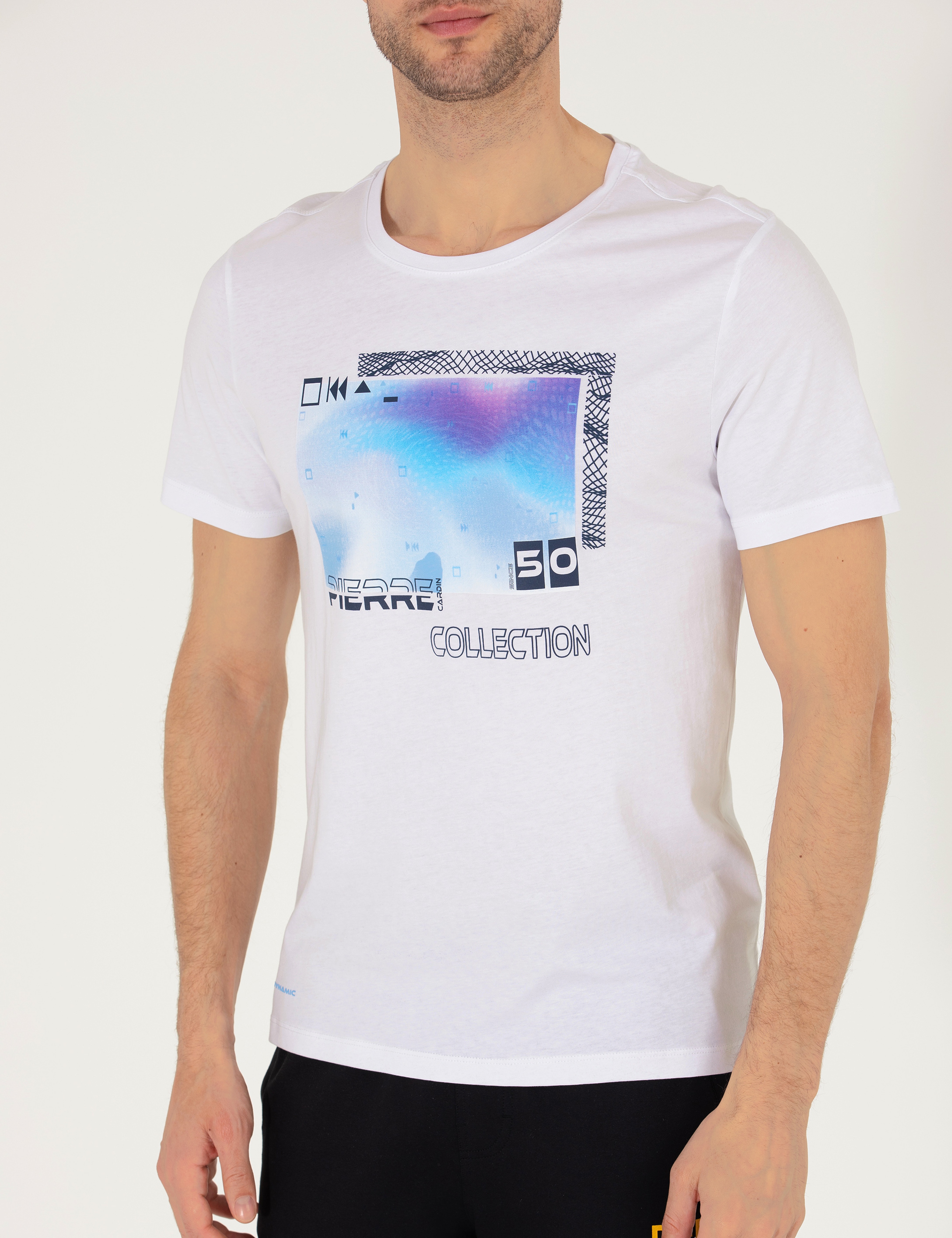 Beyaz Slim Fit Baskılı Bisiklet Yaka Tişört