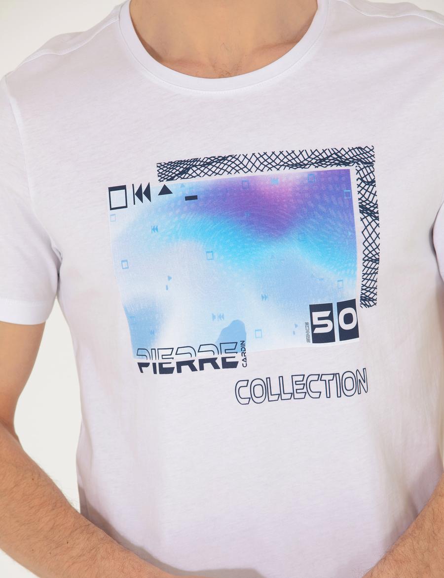 Beyaz Slim Fit Baskılı Bisiklet Yaka Tişört