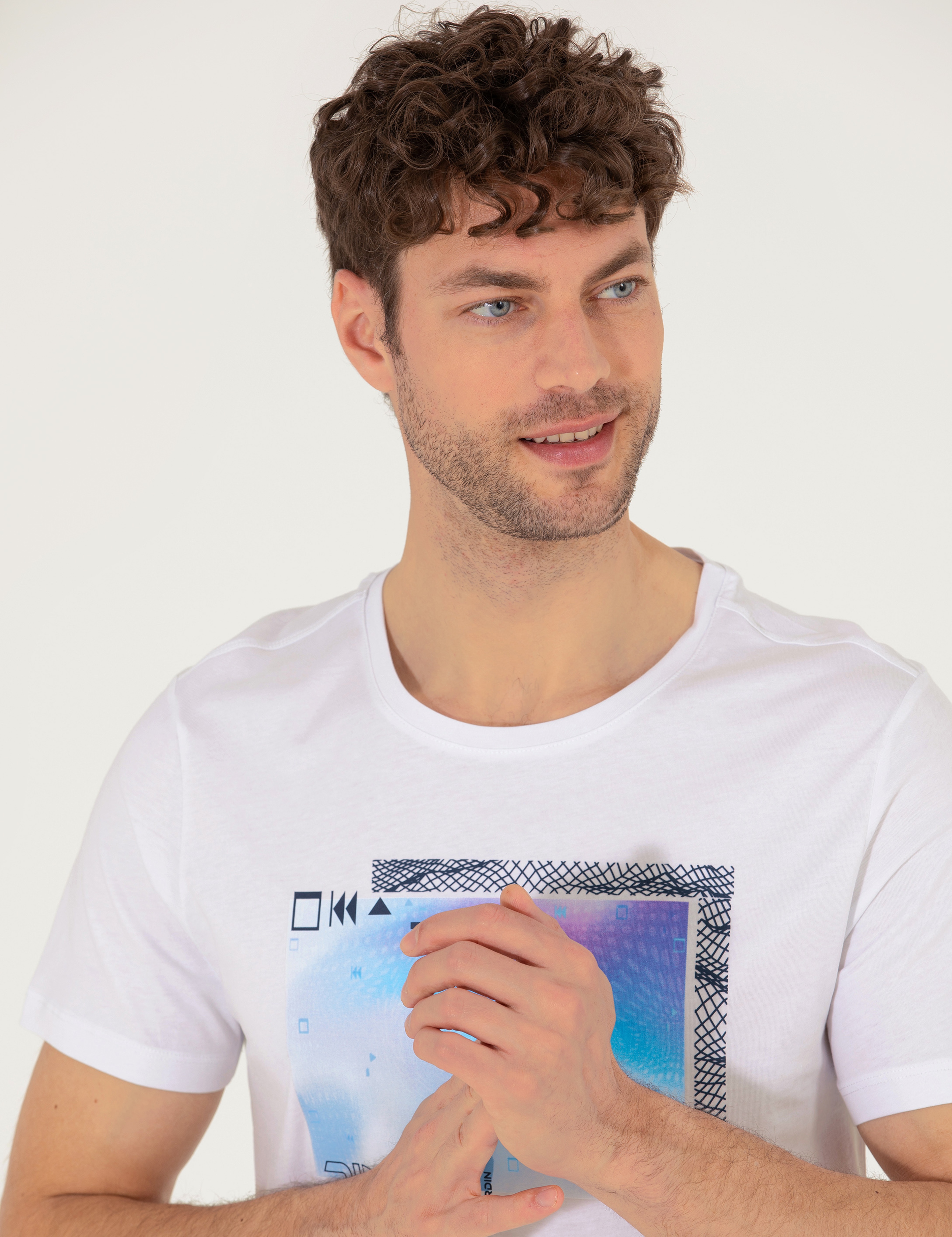 Beyaz Slim Fit Baskılı Bisiklet Yaka Tişört - Image 3