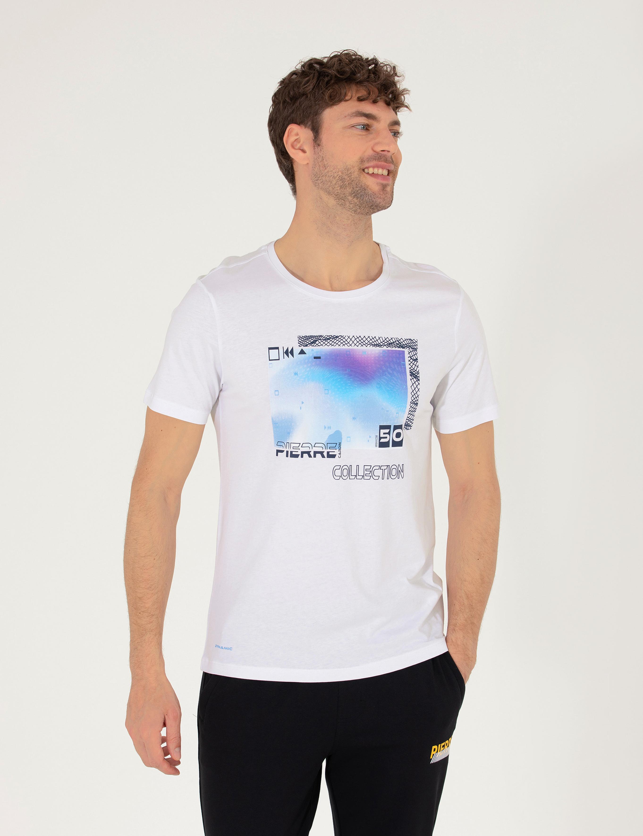 Beyaz Slim Fit Baskılı Bisiklet Yaka Tişört