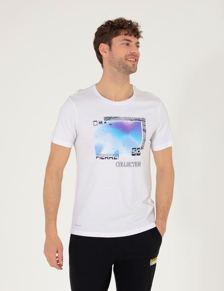 Beyaz Slim Fit Baskılı Bisiklet Yaka Tişört - 50262654038