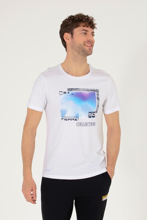 Beyaz Slim Fit Baskılı Bisiklet Yaka Tişört
