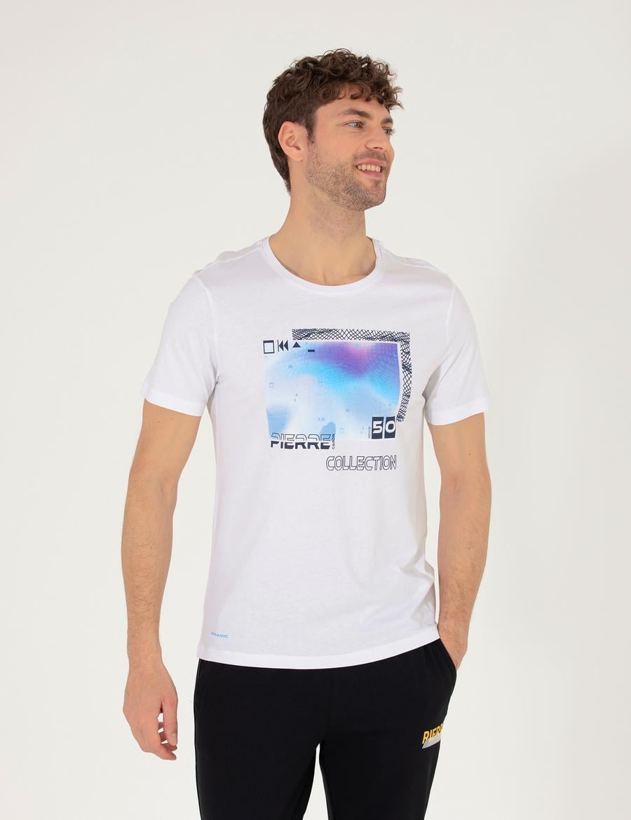 Beyaz Slim Fit Baskılı Bisiklet Yaka Tişört