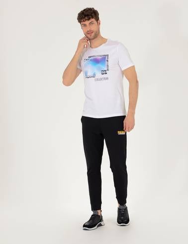 Beyaz Slim Fit Baskılı Bisiklet Yaka Tişört