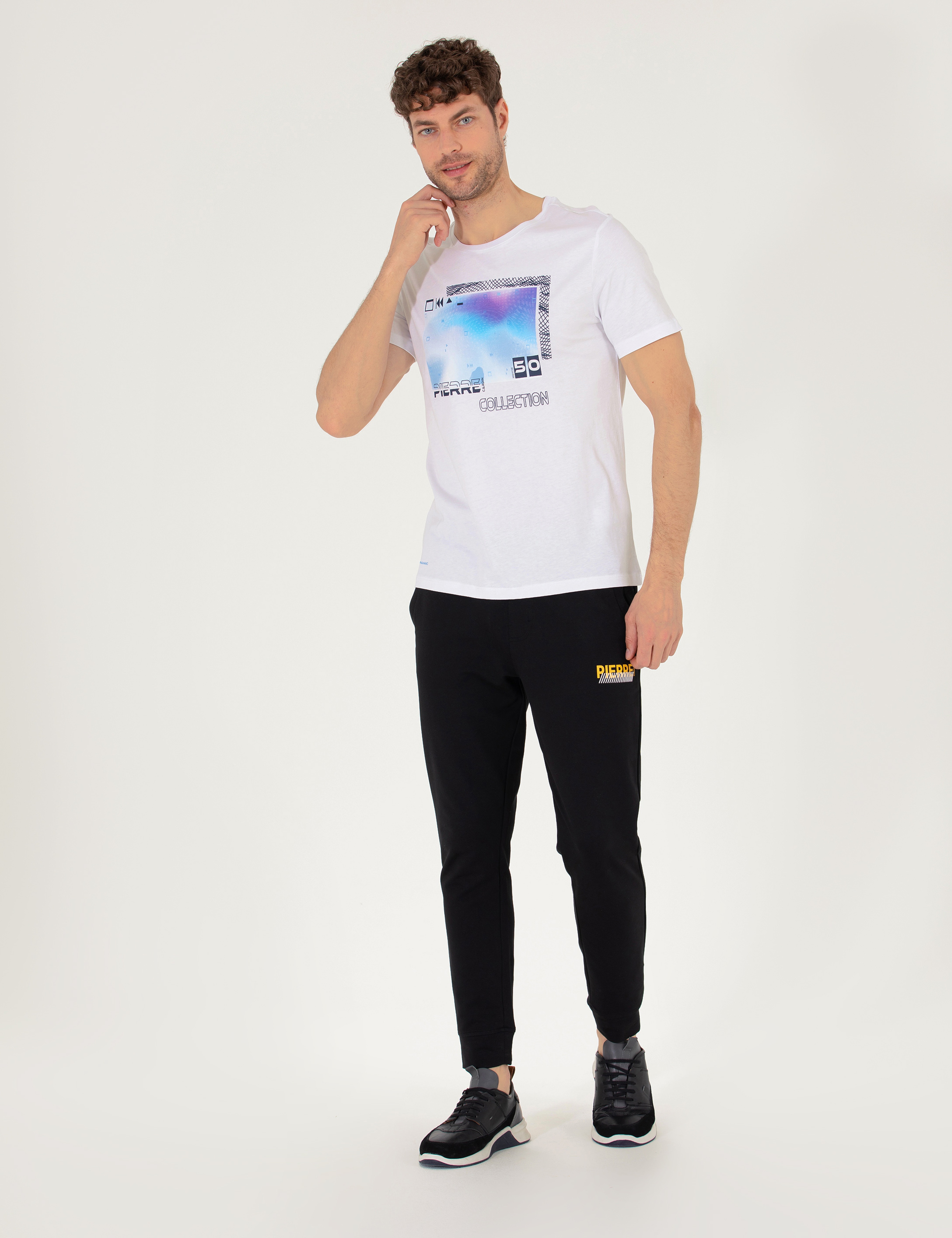 Beyaz Slim Fit Baskılı Bisiklet Yaka Tişört - Image 4