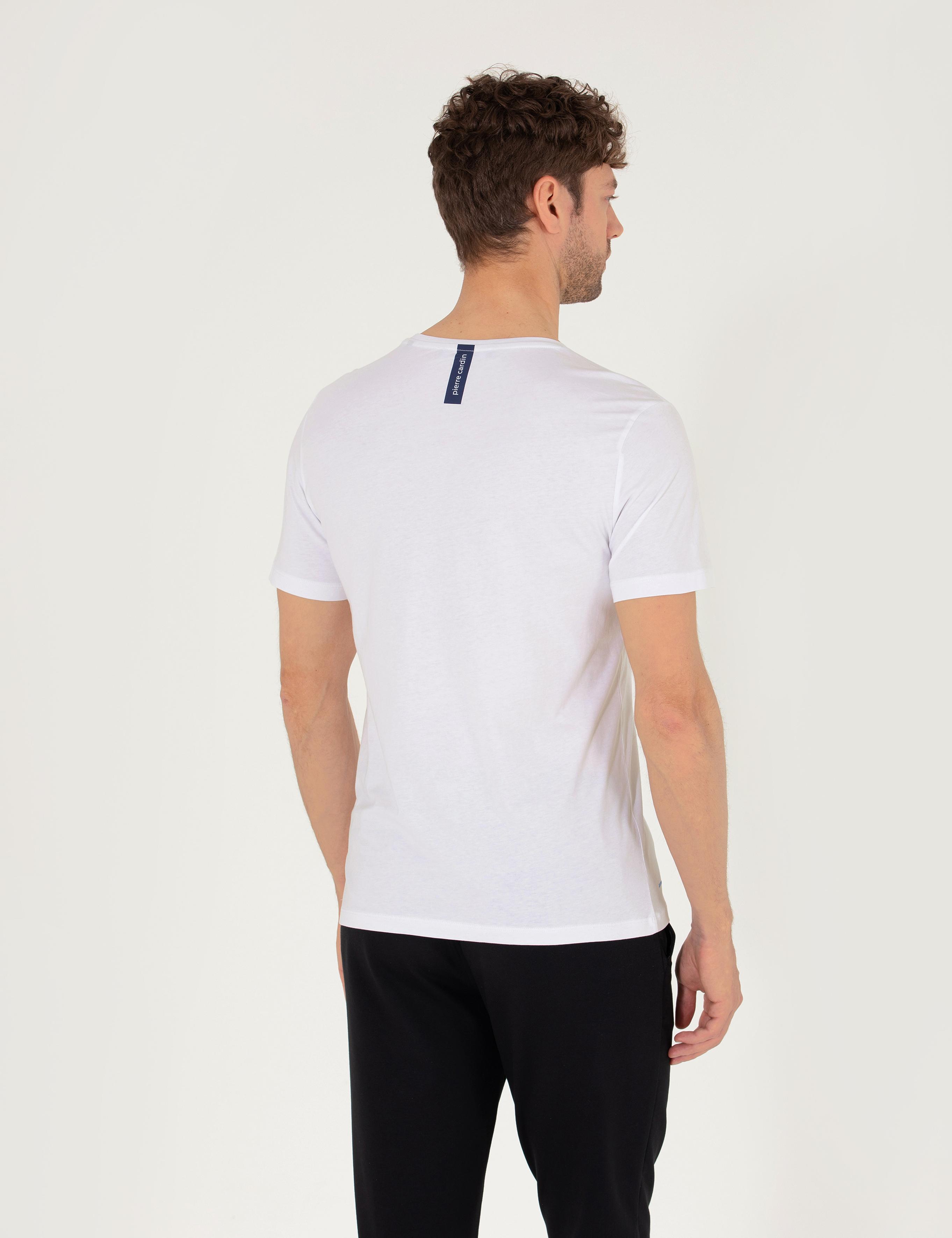 Beyaz Slim Fit Baskılı Bisiklet Yaka Tişört