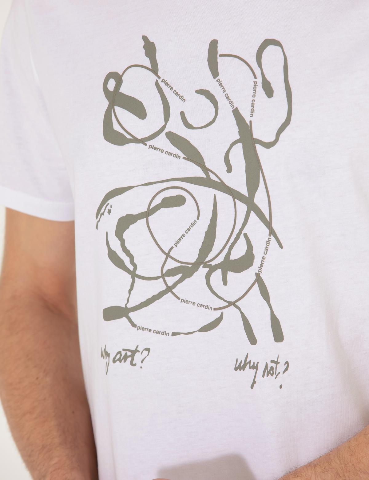 Beyaz Slim Fit Baskılı Bisiklet Yaka Tişört - 50263924108