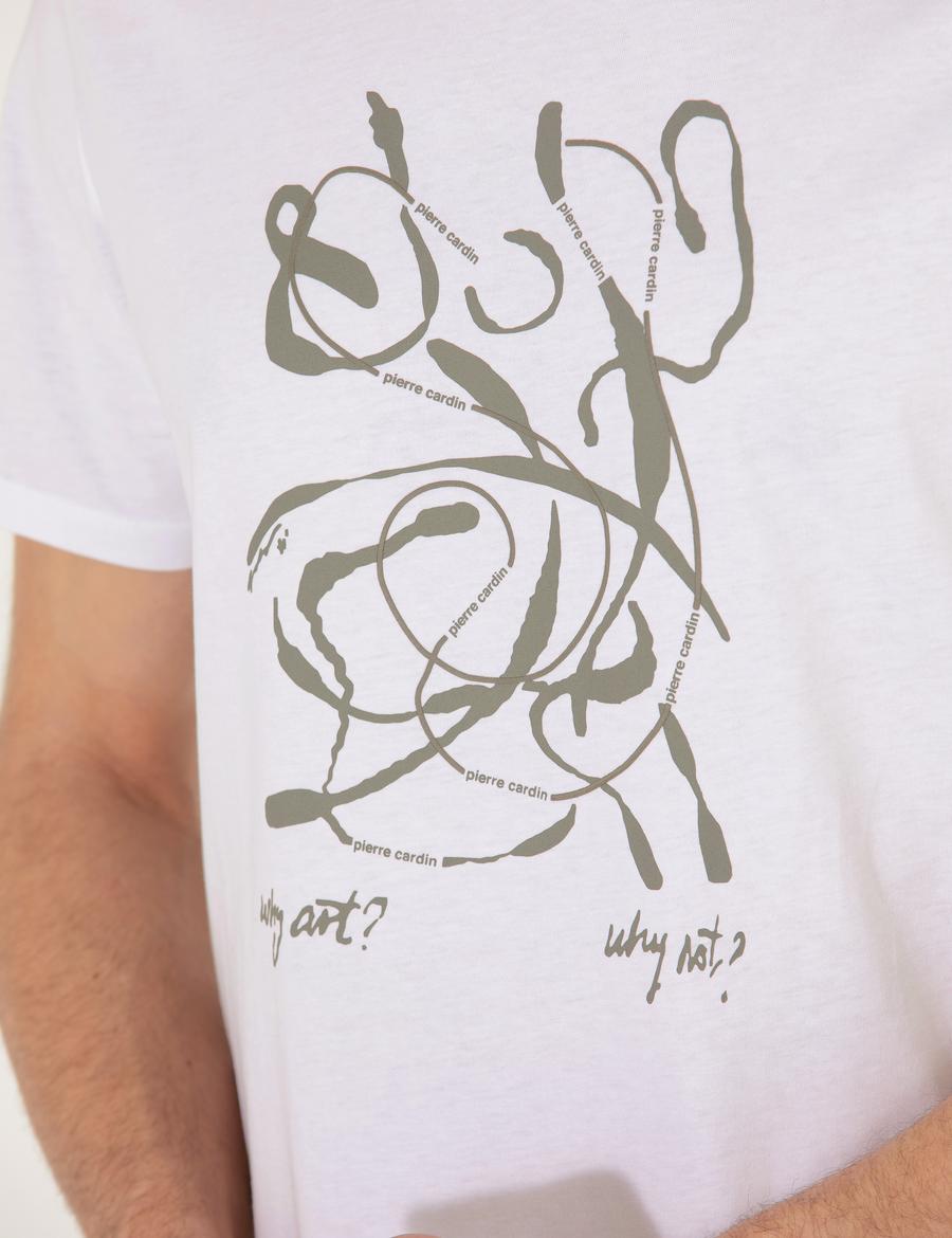 Beyaz Slim Fit Baskılı Bisiklet Yaka Tişört