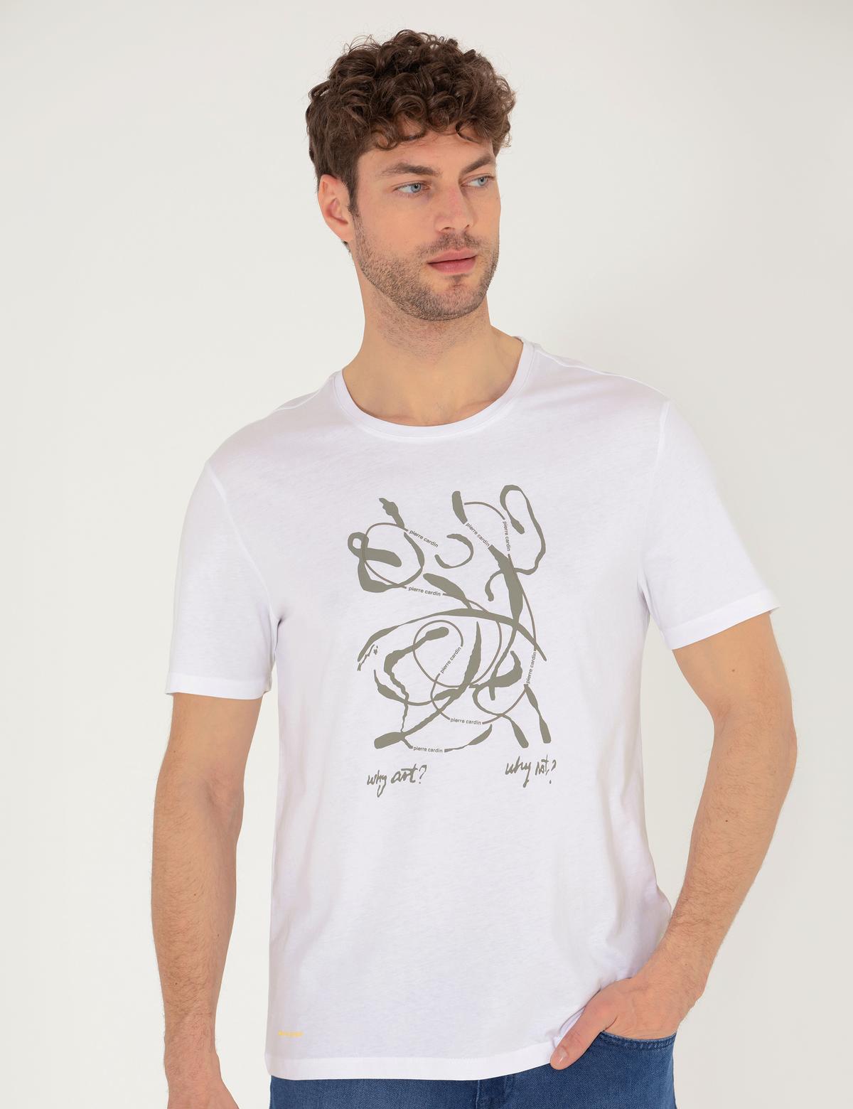 Beyaz Slim Fit Baskılı Bisiklet Yaka Tişört - 50263924108