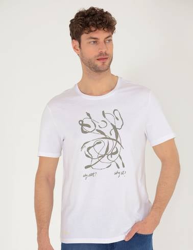 Beyaz Slim Fit Baskılı Bisiklet Yaka Tişört