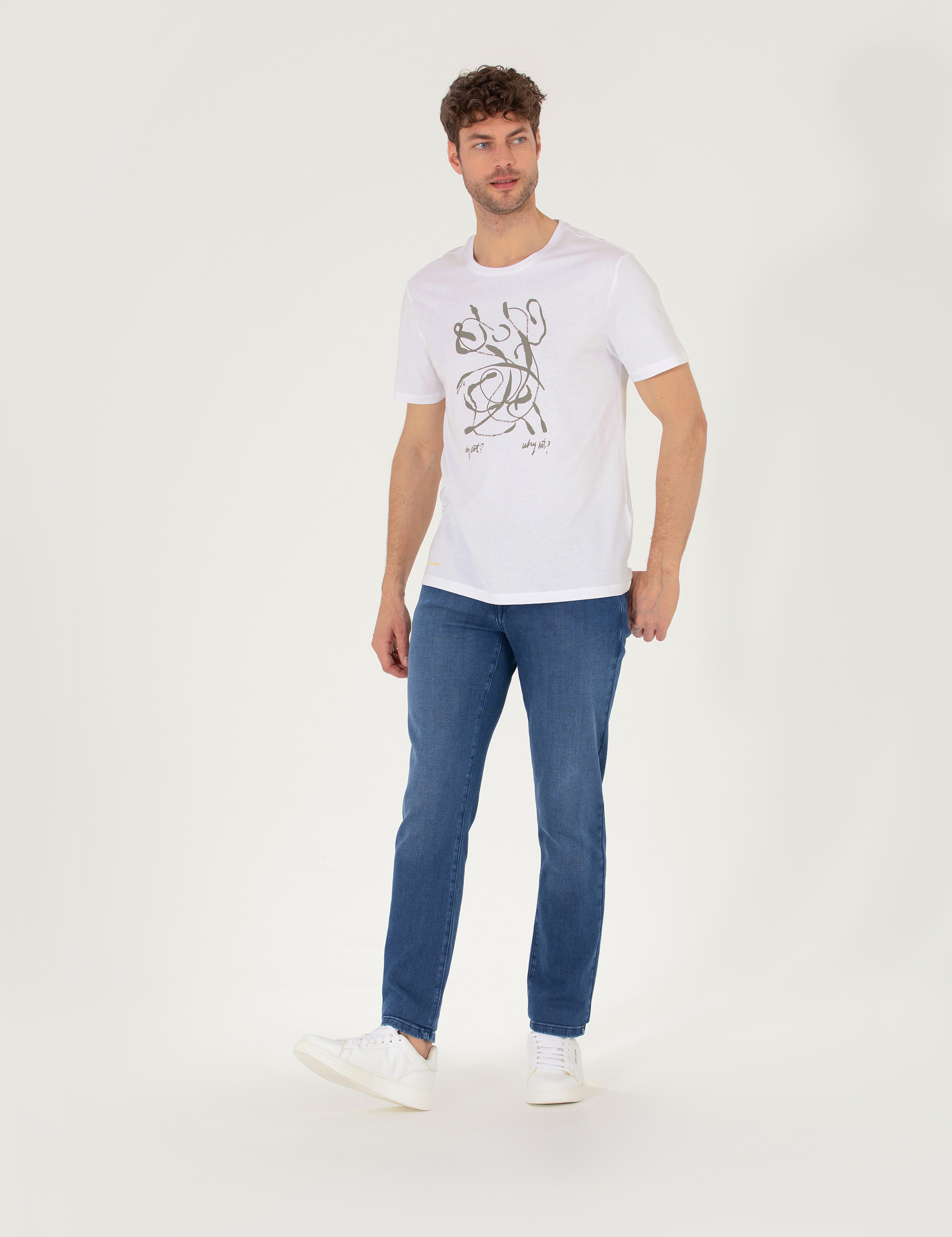 Beyaz Slim Fit Baskılı Bisiklet Yaka Tişört