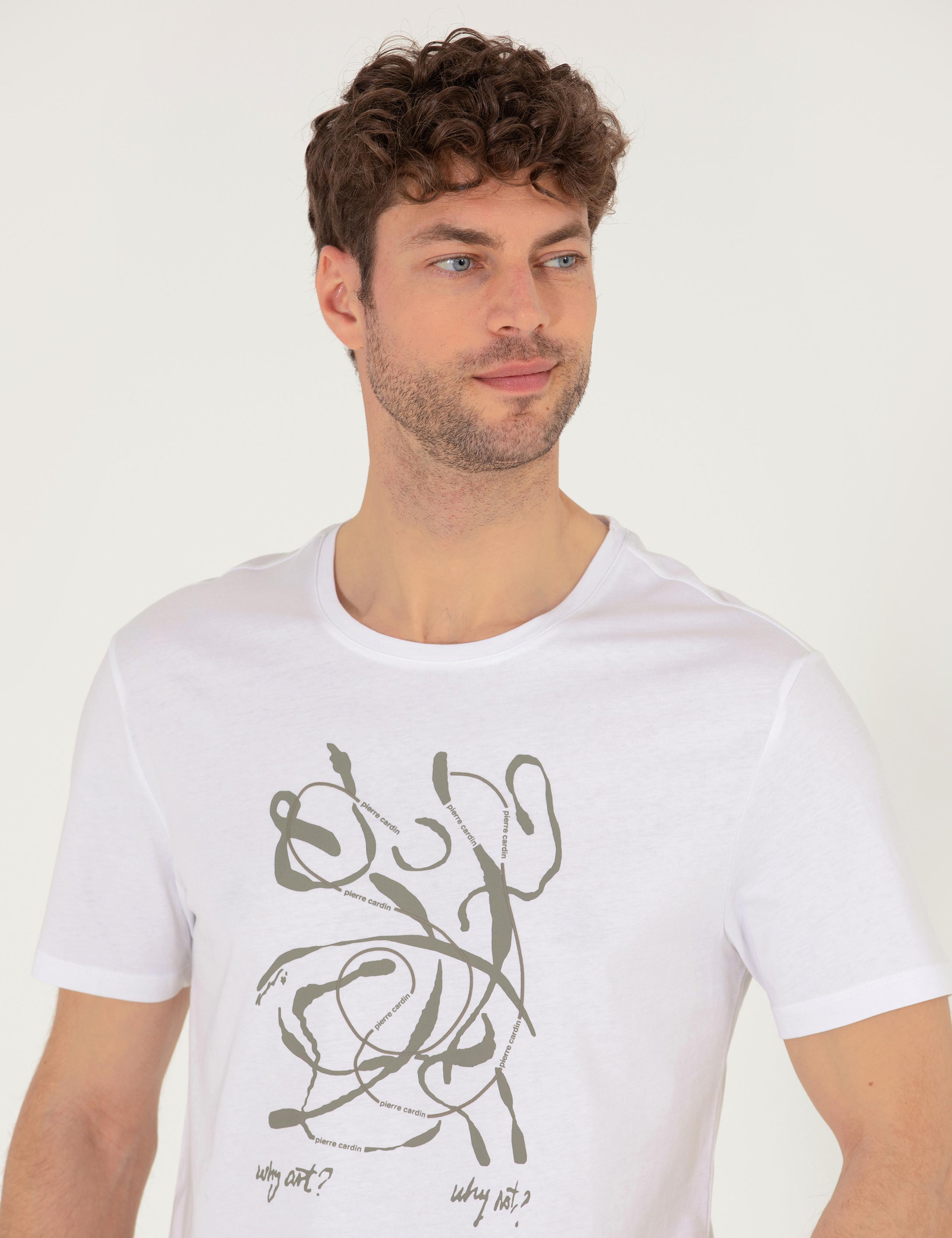 Beyaz Slim Fit Baskılı Bisiklet Yaka Tişört