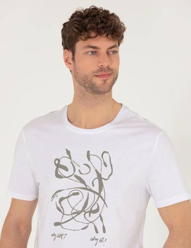 Beyaz Slim Fit Baskılı Bisiklet Yaka Tişört