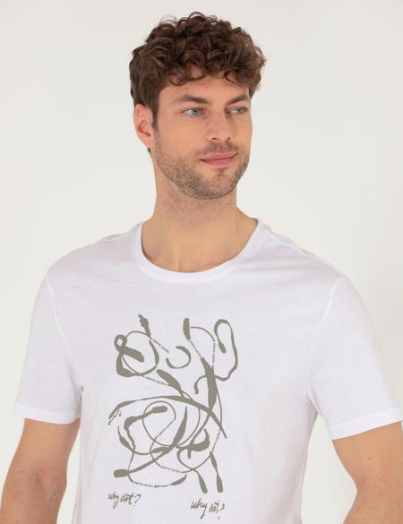 Beyaz Slim Fit Baskılı Bisiklet Yaka Tişört - 50263924108