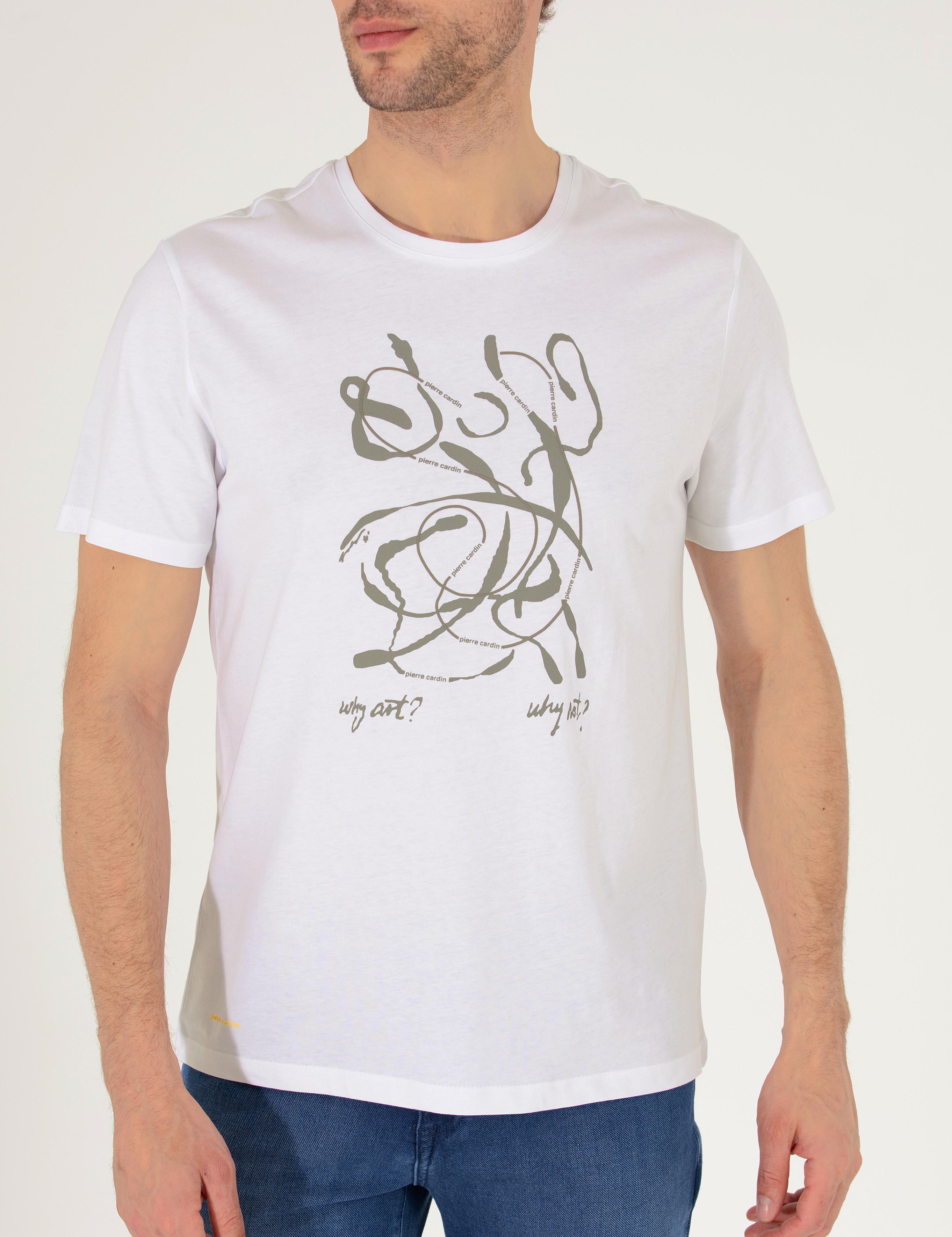 Beyaz Slim Fit Baskılı Bisiklet Yaka Tişört