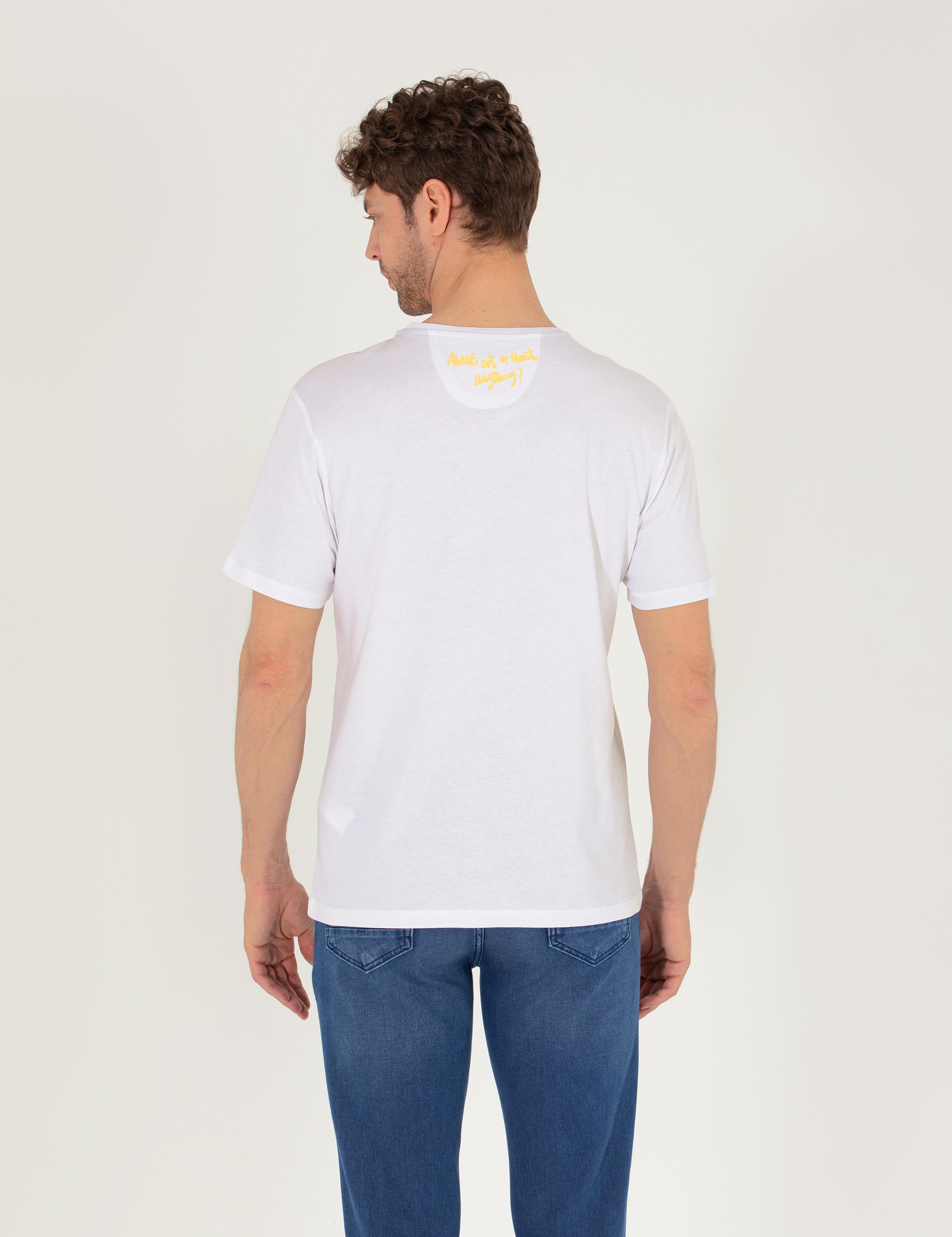 Beyaz Slim Fit Baskılı Bisiklet Yaka Tişört