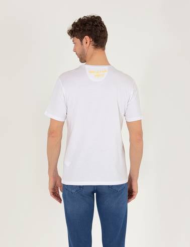 Beyaz Slim Fit Baskılı Bisiklet Yaka Tişört