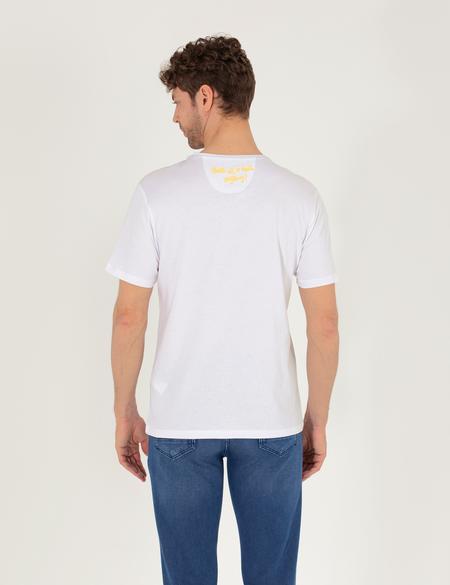 Beyaz Slim Fit Baskılı Bisiklet Yaka Tişört - 50263924108