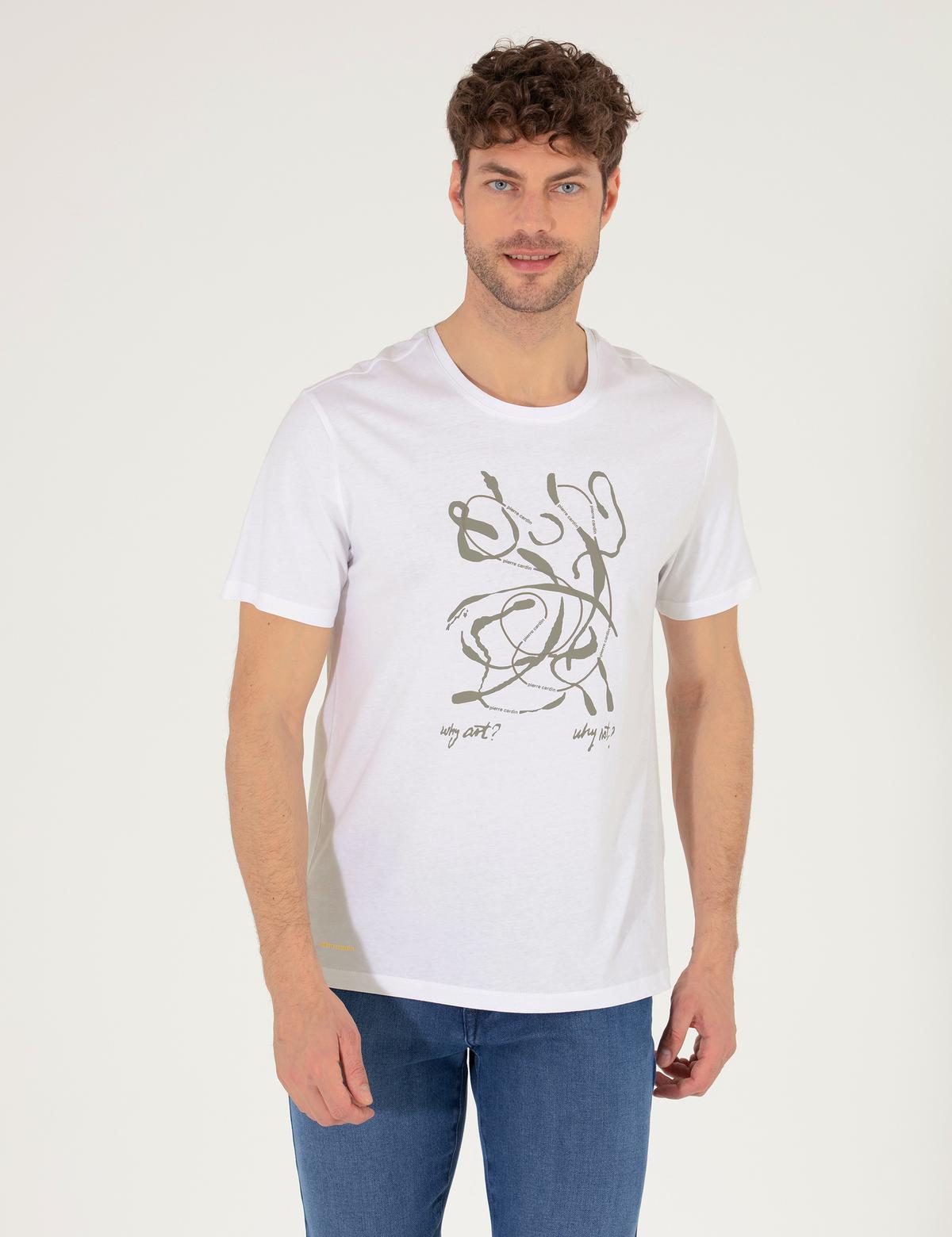 Beyaz Slim Fit Baskılı Bisiklet Yaka Tişört