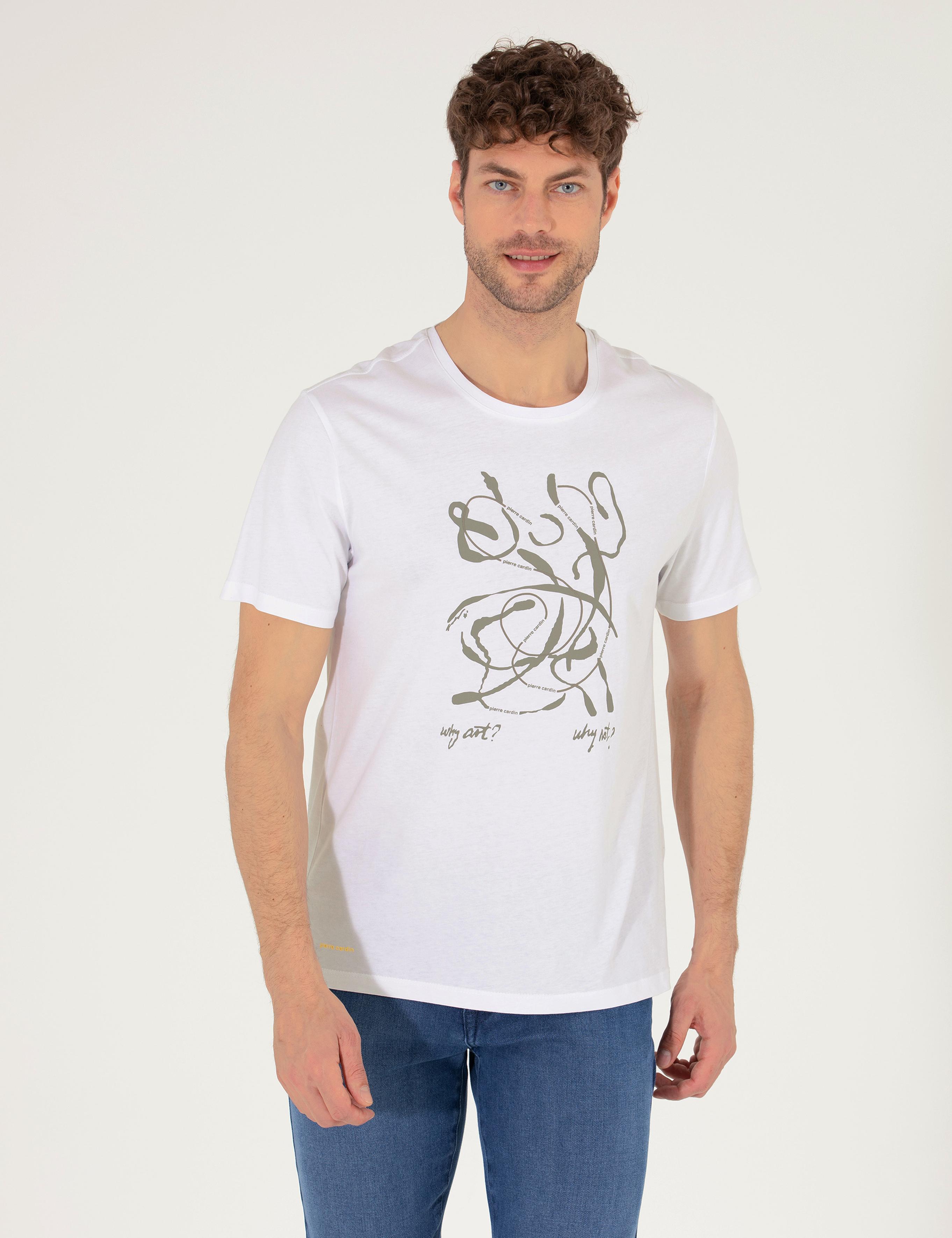 Beyaz Slim Fit Baskılı Bisiklet Yaka Tişört