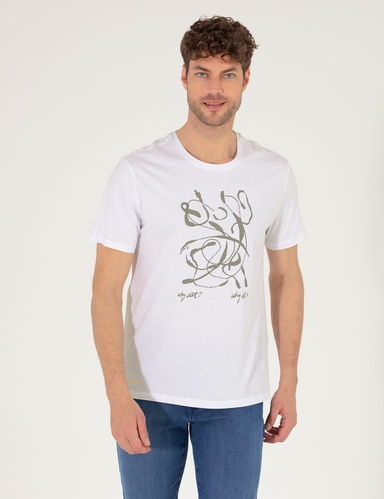 Beyaz Slim Fit Baskılı Bisiklet Yaka Tişört