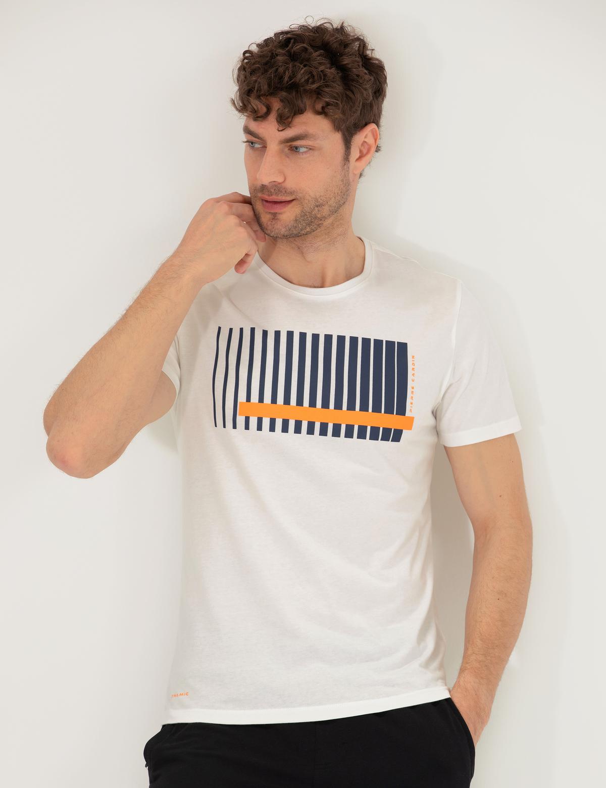 Turuncu Slim Fit Baskılı Bisiklet Yaka Tişört - 50264206046