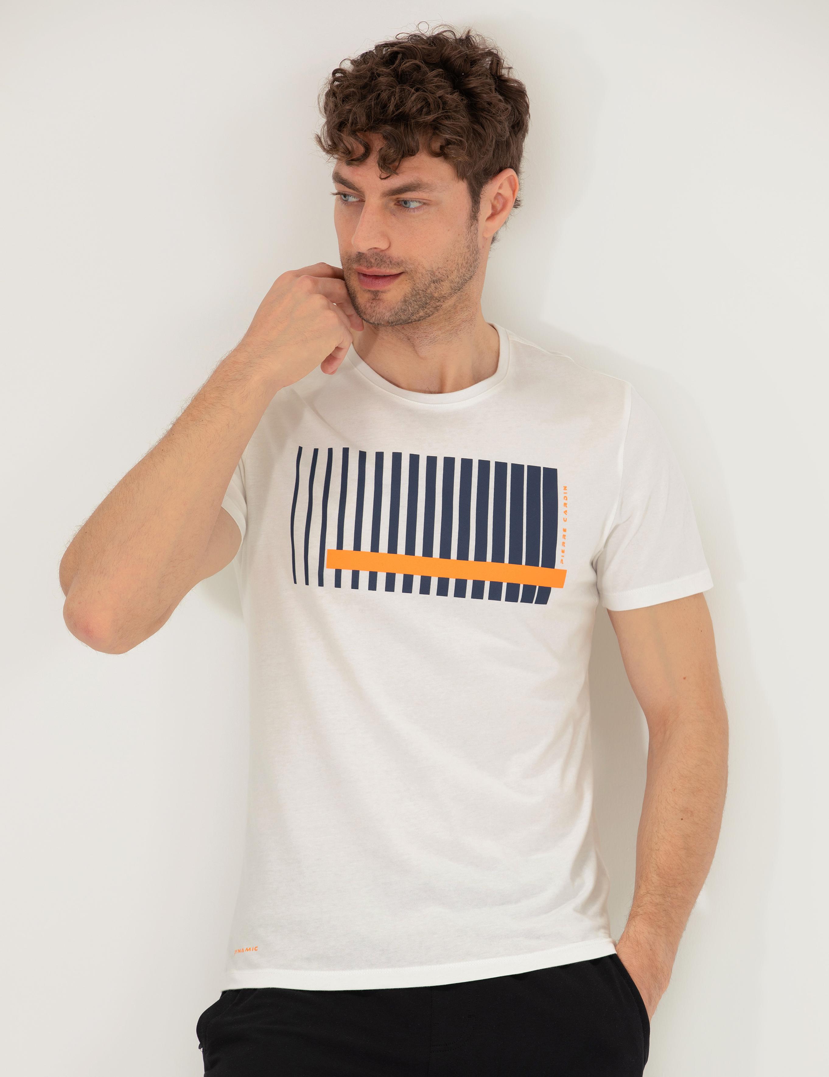 Turuncu Slim Fit Baskılı Bisiklet Yaka Tişört