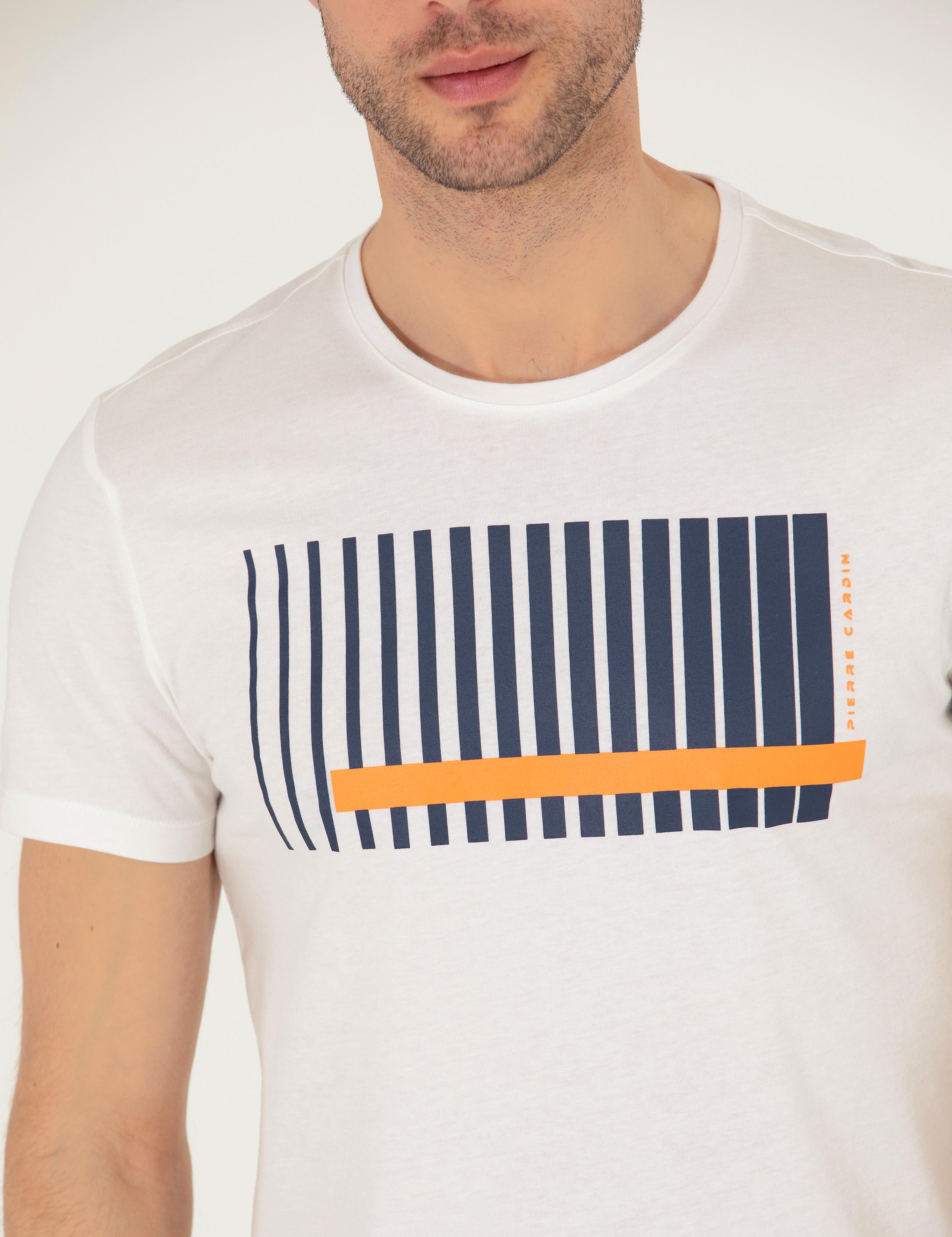 Turuncu Slim Fit Baskılı Bisiklet Yaka Tişört