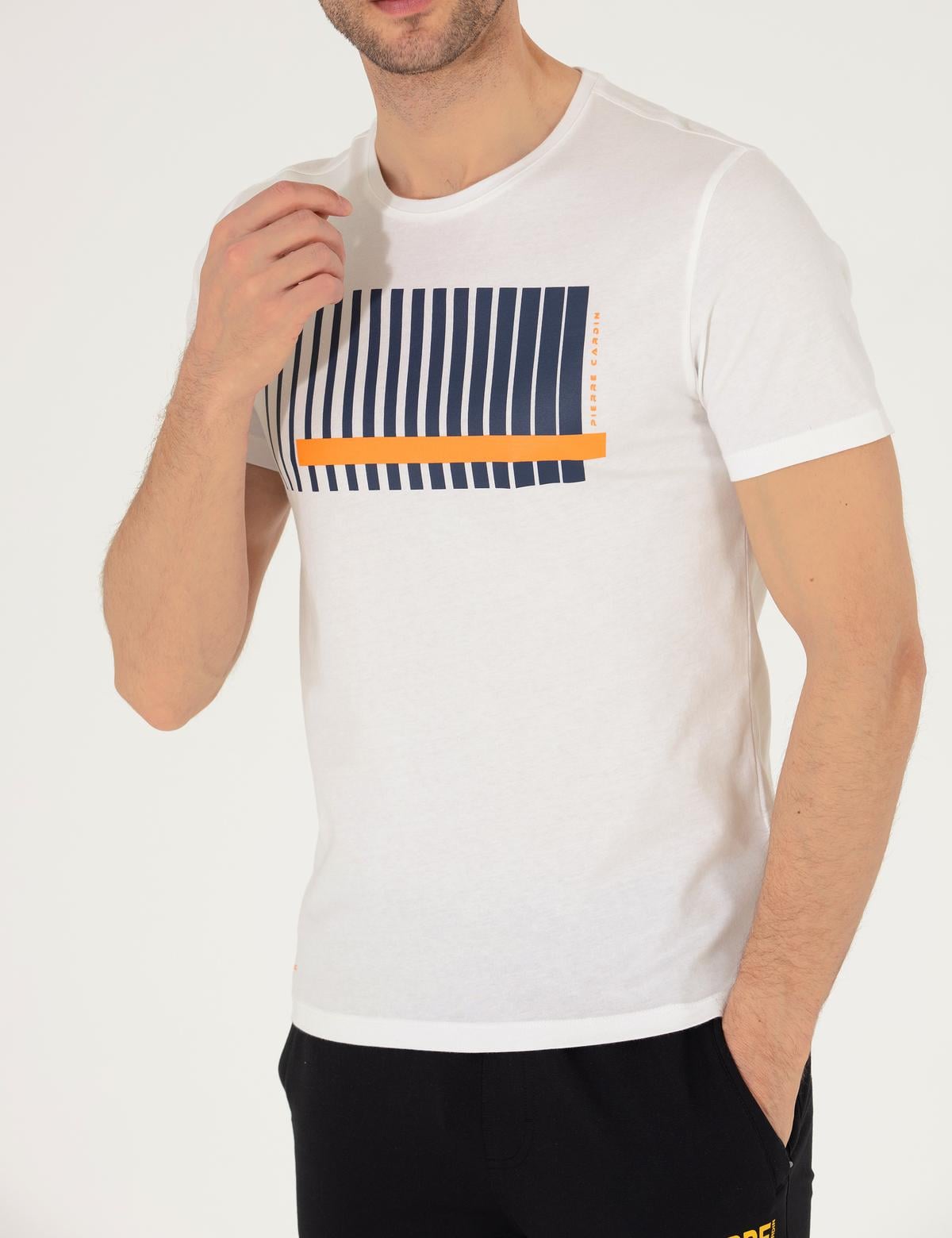 Turuncu Slim Fit Baskılı Bisiklet Yaka Tişört - 50264206046