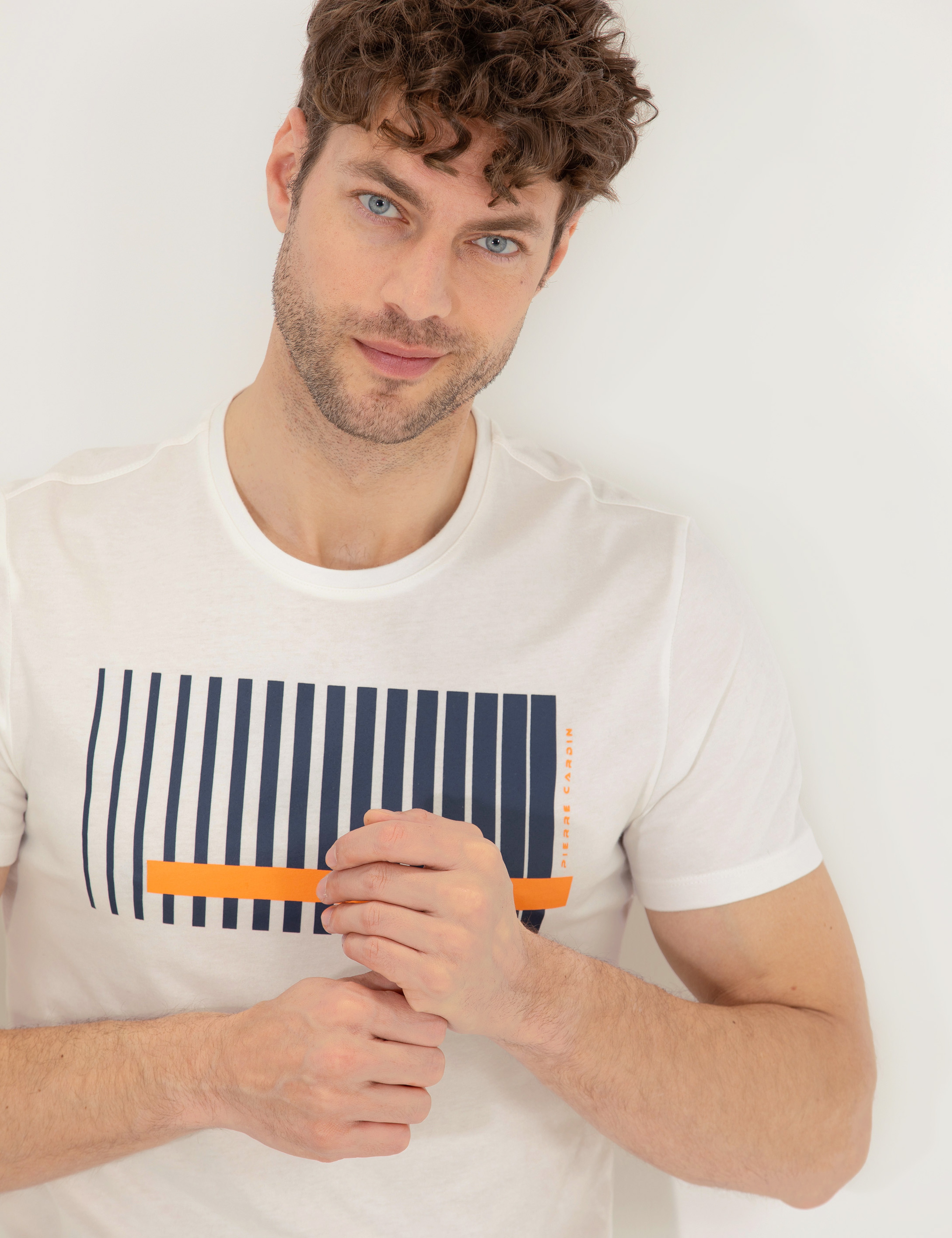 Turuncu Slim Fit Baskılı Bisiklet Yaka Tişört