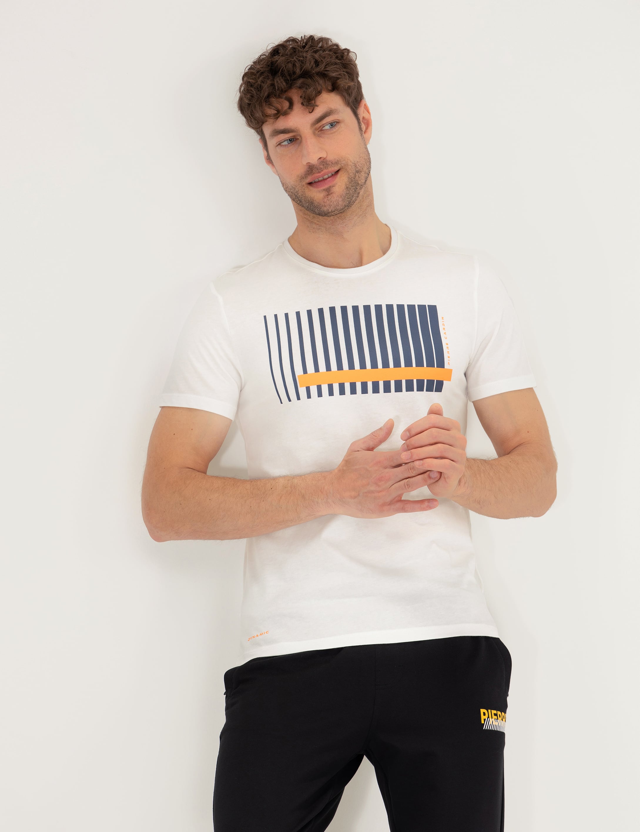 Turuncu Slim Fit Baskılı Bisiklet Yaka Tişört